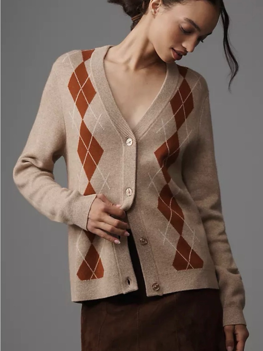 KULE Deane Argyle Cardigan Merino Wool Cashmere Blend Beige  Medium